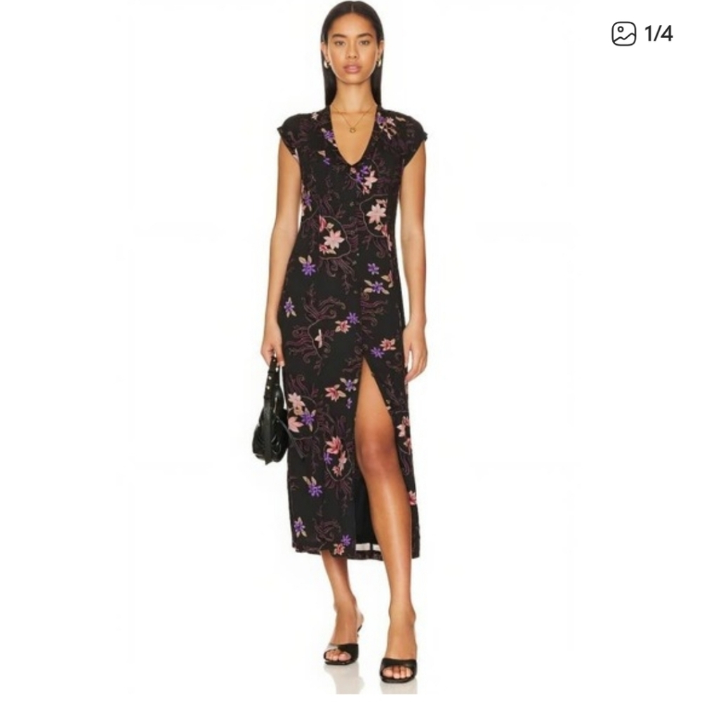 Free People Black Midi Dress with Pink and Purple Floral